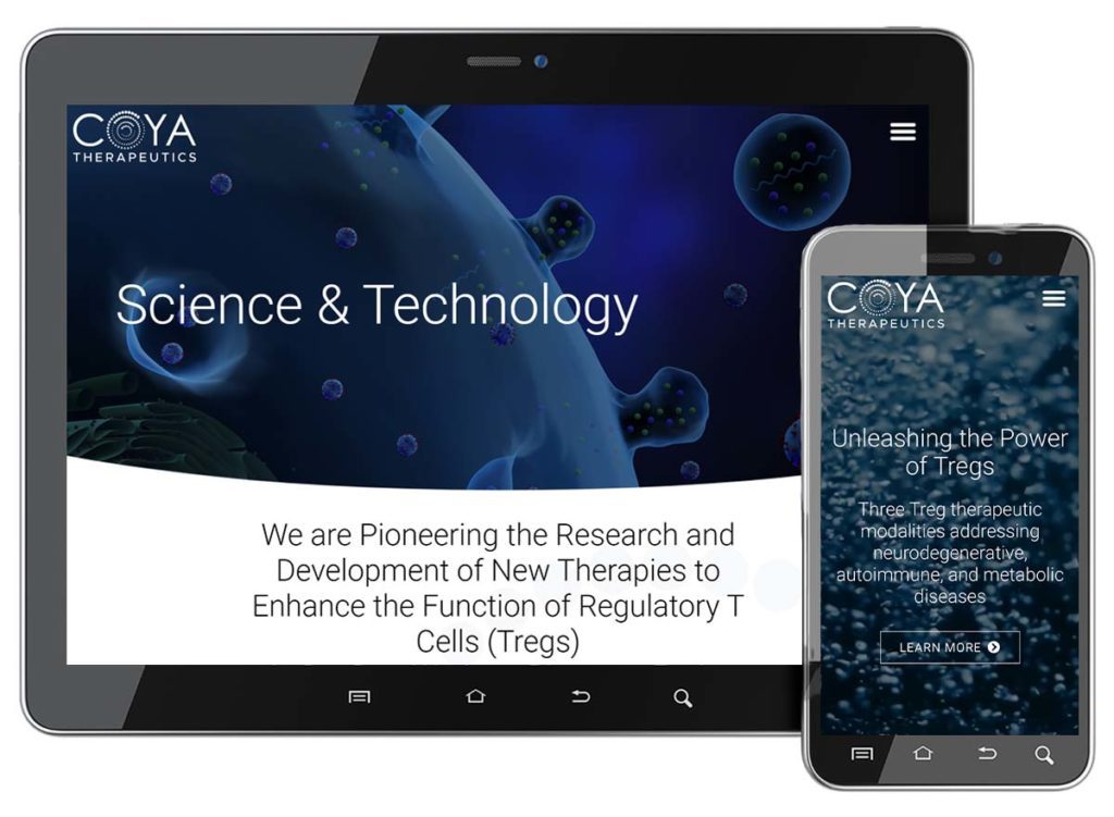 Tablet and mobile view of clinical-stage biopharma company Coya Therapeutics' new website