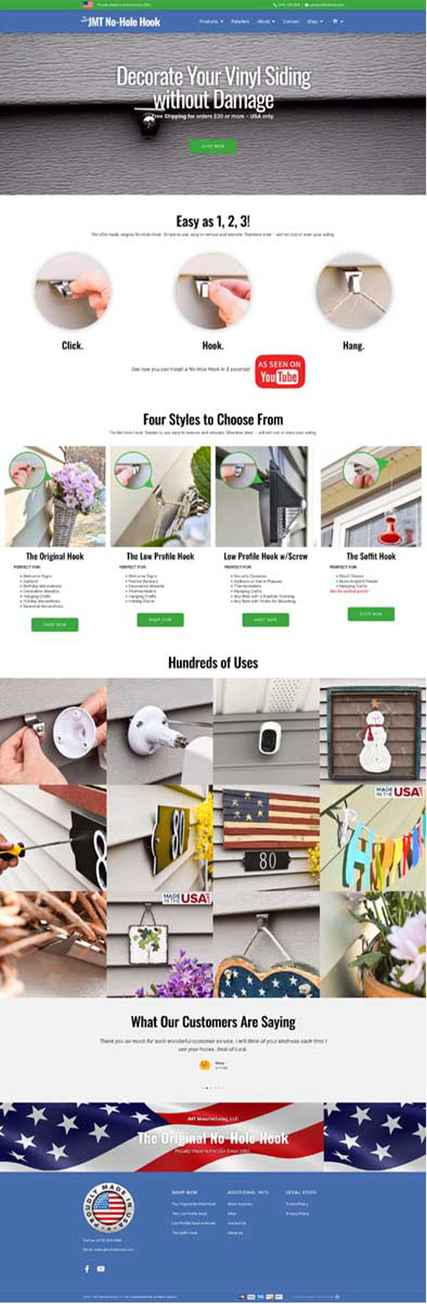 JMT Manufacturing, The Original No-Hole Hook - Retail Product Website Design Scroll example