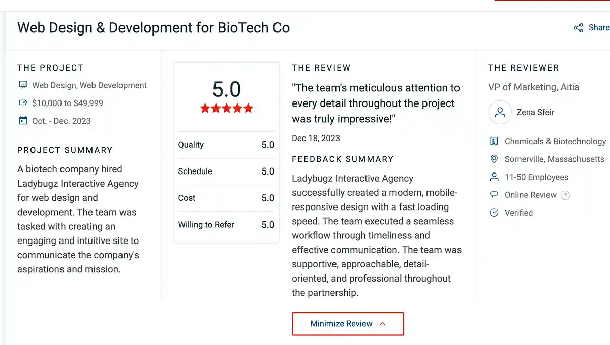 5 Star Review for a Biotech Website Design on Clutch.co