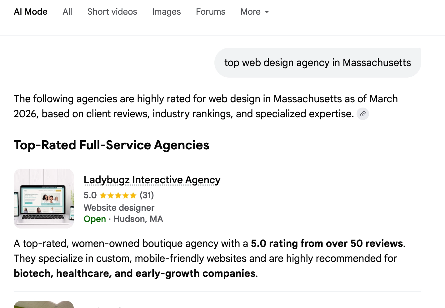 AI results for who is the best web design agency in Massachusetts result, which names Ladybugz Interactive Agency