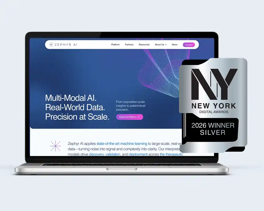 Award Winning Biotech Web Design for Zephyr AI, with image showing website example and award logo.