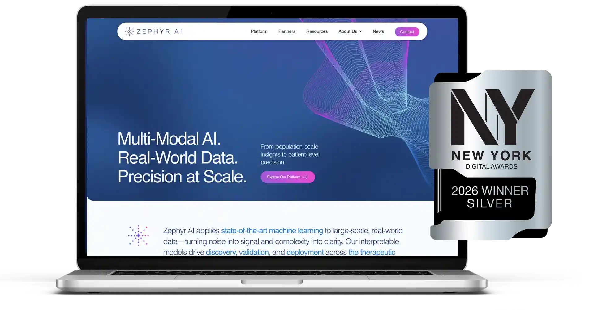 Award Winning Biotech Web Design for Zephyr AI, with image showing website example and award logo.