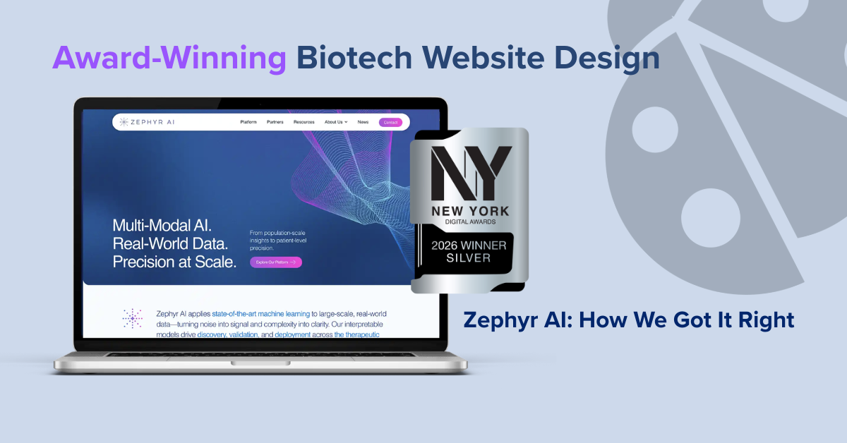 Best Biotech Website Design for Zephyr AI - Blog OG Image showing website example with the awards badge from New York Digital Awards