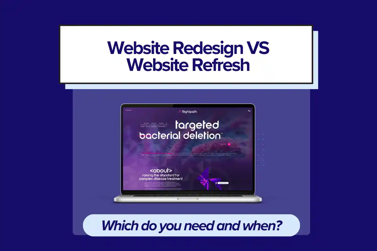 Biotech website design vs website refresh promotional image with a website on it and words.