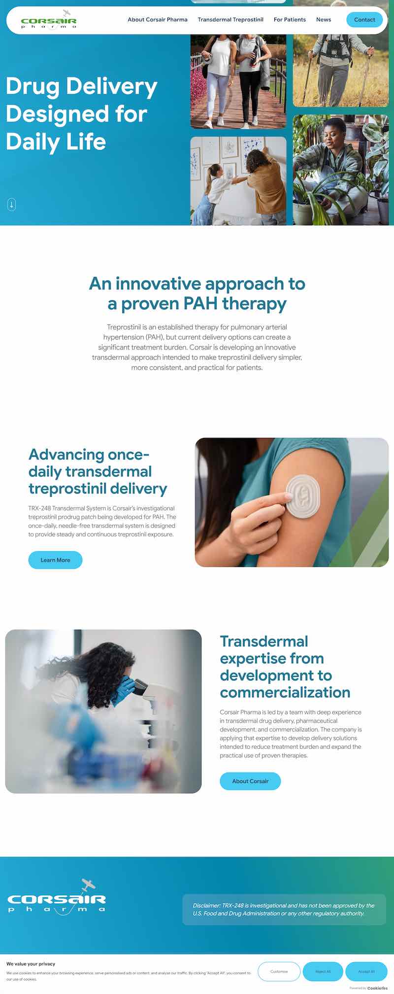 Clinical stage biopharma website design for Corsair Pharma scroll image.