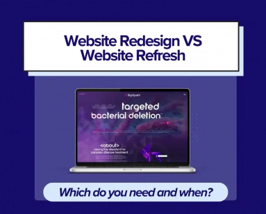 Biotech website design vs website refresh promotional image with a website on it and words.