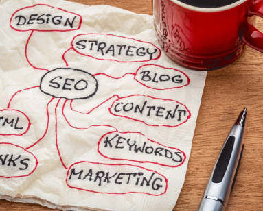 SEO strategy map notes and coffee cup